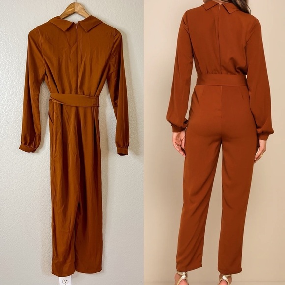 Sleek Impression Rust Brown Belted Collared Slim Leg Jumpsuit - Picture 3 of 9